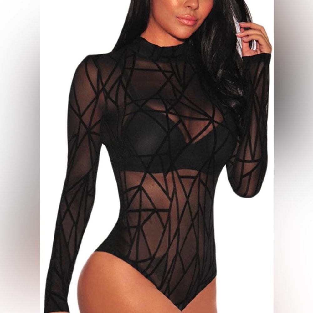 Black Mesh Geometric Turtleneck Long Sleeve Bodysuit – Size Large